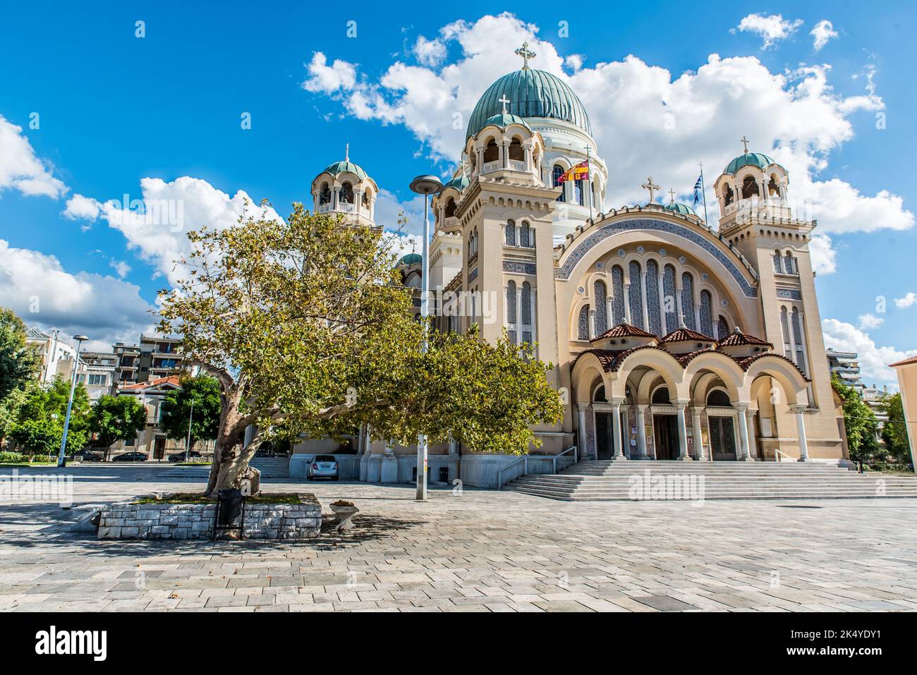Agios Andreas the landmark church and the metropolis of Patras on a beautiful day with perfect sky color and few clouds, Achaia, Peloponnese, Greece Stock Photo
