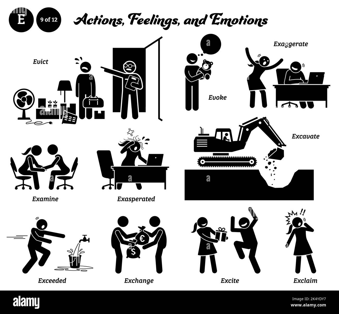 Stick figure human people man action, feelings, and emotions icons alphabet E. Evict, evoke, exaggerate, examine, exasperated, excavate, exceeded, exc Stock Vector