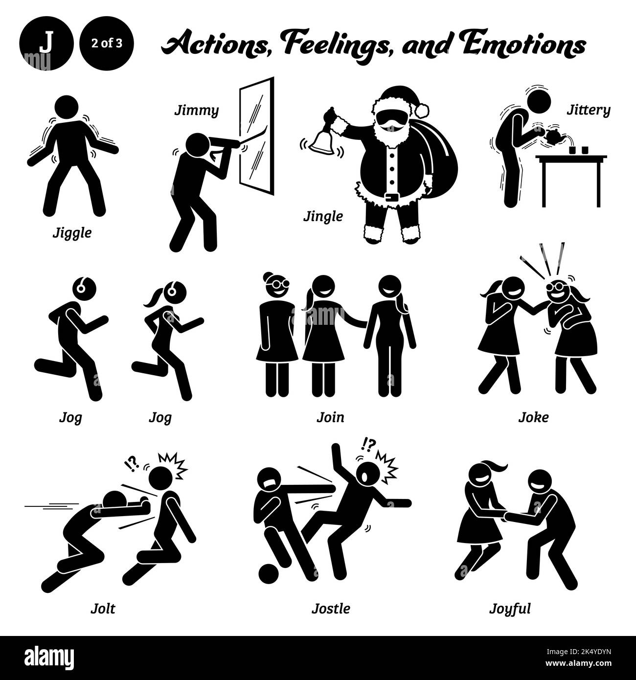 Stick figure human people man action, feelings, and emotions icons alphabet J. Jiggle, jimmy, jingle, jittery, jog, jogging, join, joke, jolt, jostle, Stock Vector