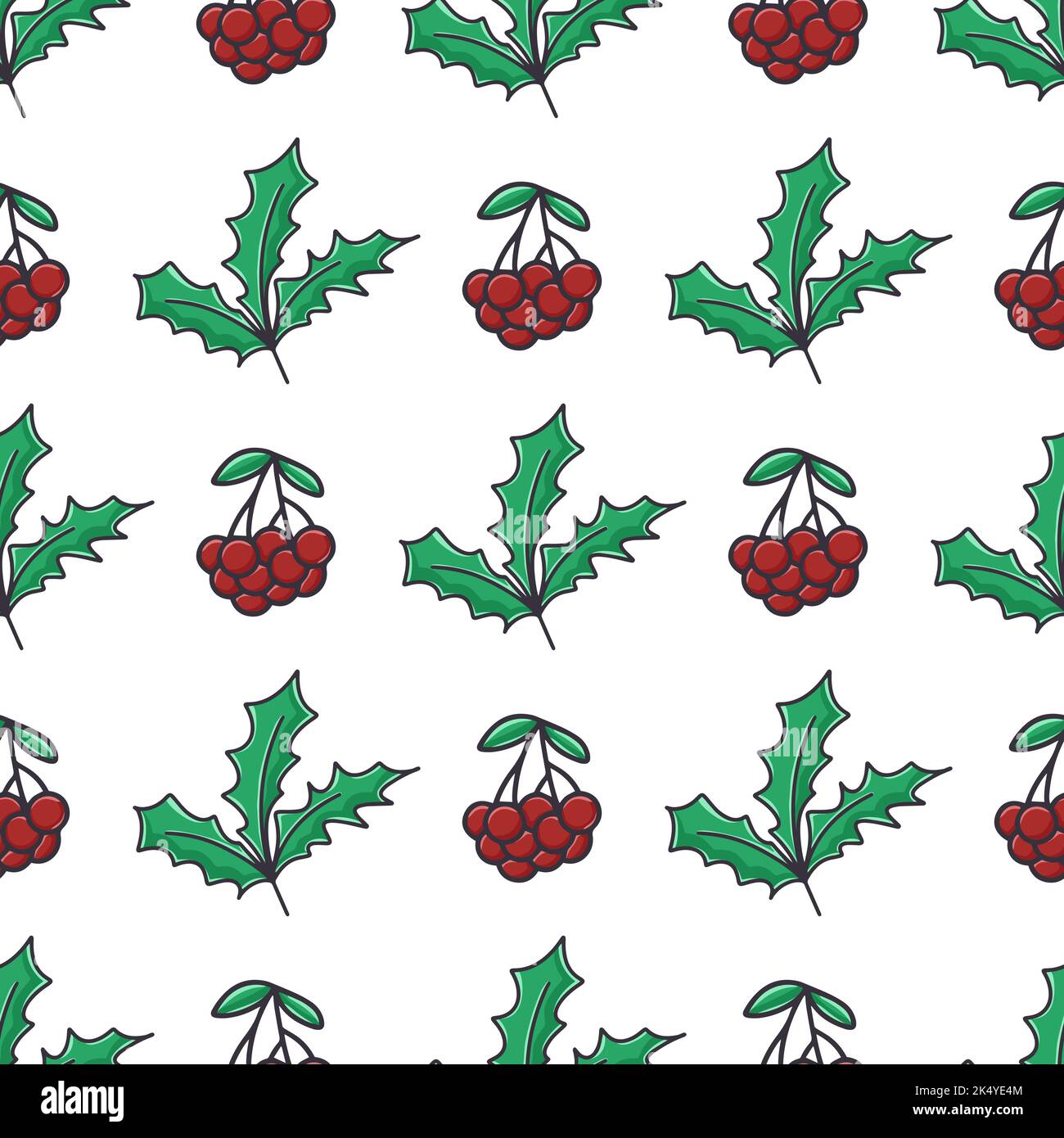 Digital paper rowan berry and holly vector illustration. Seamless botanical winter pattern. Berry leaf background for wallpaper, textile, package Stock Vector