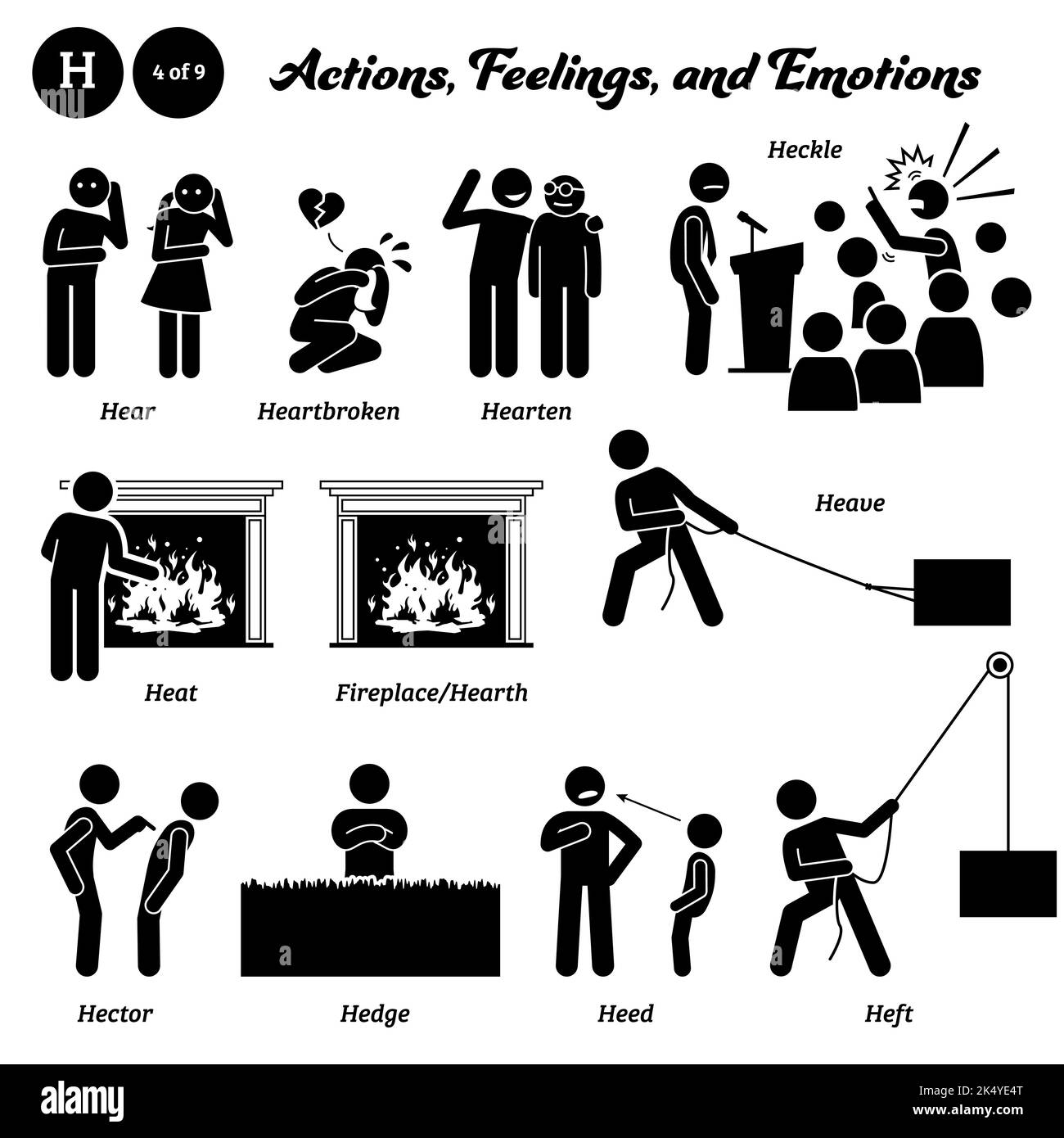 Stick figure human people man action, feelings, and emotions icons alphabet H. Hear, heartbroken, hearten, heckle, heat, fireplace, hearth, heave, hec Stock Vector