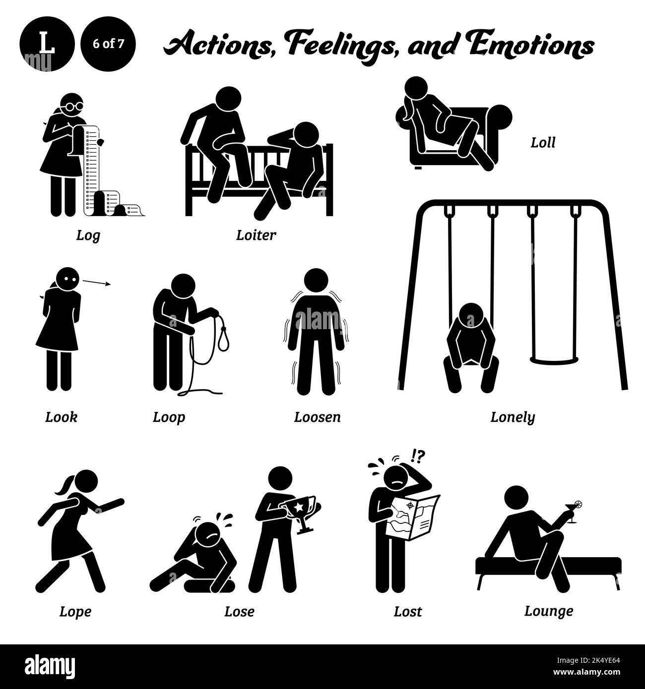 Stick figure human people man action, feelings, and emotions icons alphabet L. Log, loiter, loll, look, loop, loosen, lonely, lope, lose, lost, and lo Stock Vector