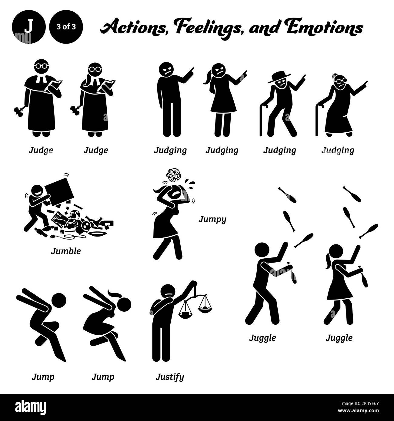 Stick figure human people man action, feelings, and emotions icons alphabet J. Judge, judging, jumble, jumpy, jump, jumping, justify, and juggle. Stock Vector