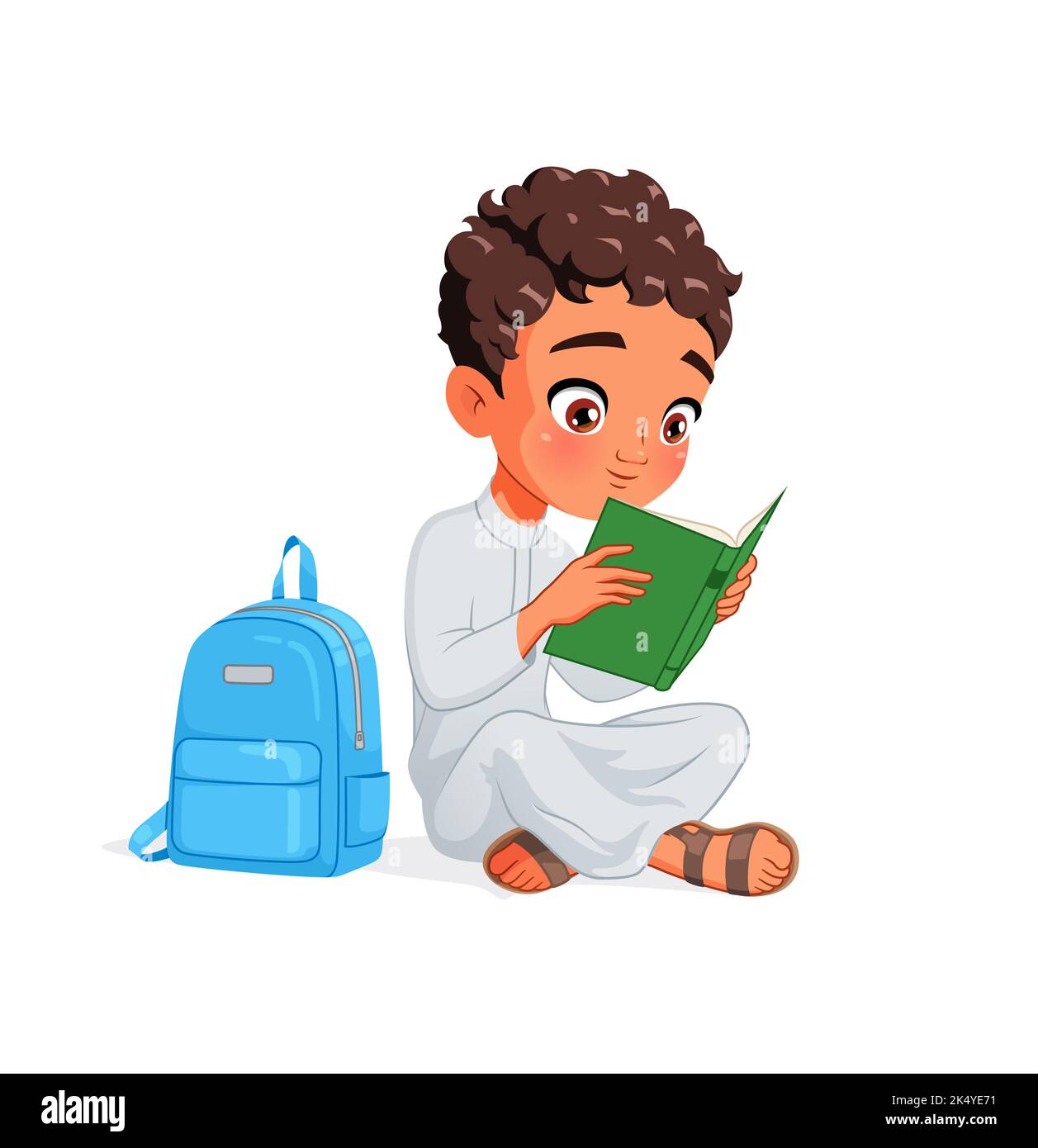 Arab school boy reading book sitting on the floor. Cartoon vector illustration. Stock Vector