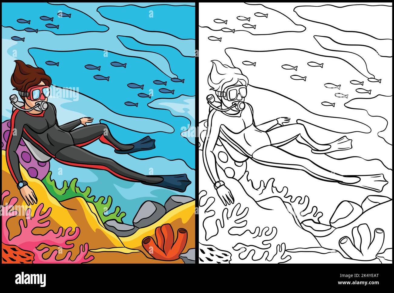 Scuba Diving Coloring Page Colored Illustration Stock Vector