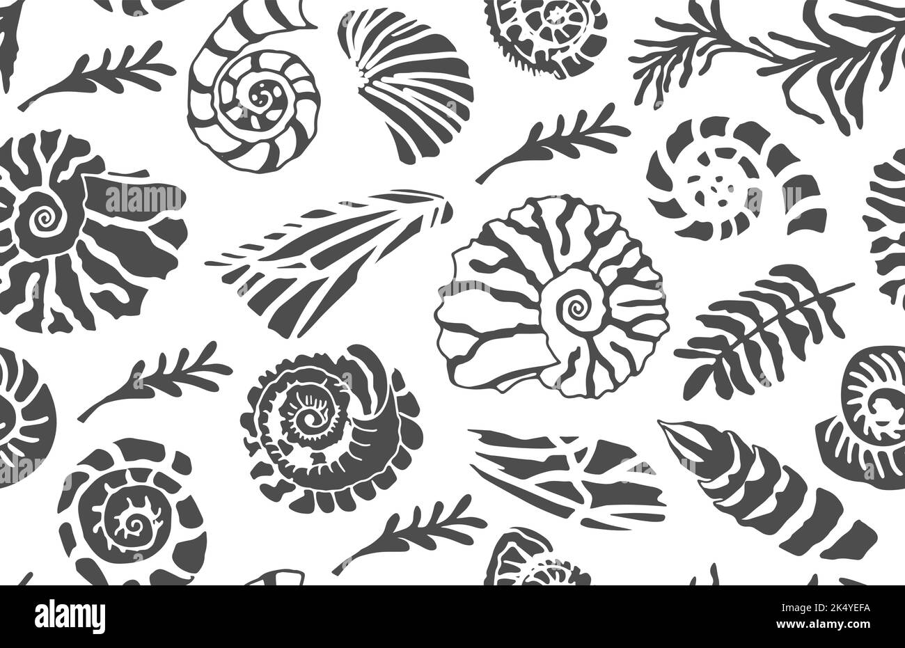 Black Stencil seashells and plants Seamless pattern Hand drawn art of ocean shell or conch mollusk scallop Sea underwater animal fossil Nautical and Stock Vector