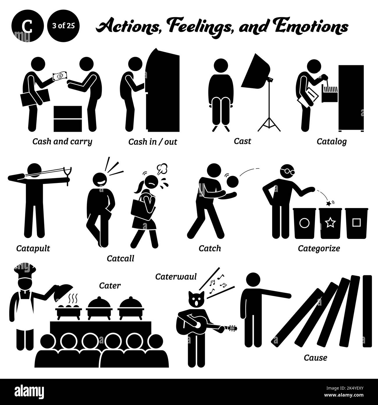 Stick figure human people man action, feelings, and emotions icons starting with alphabet C. Cash and carry, cash in out, casting, catalog, catapult, Stock Vector