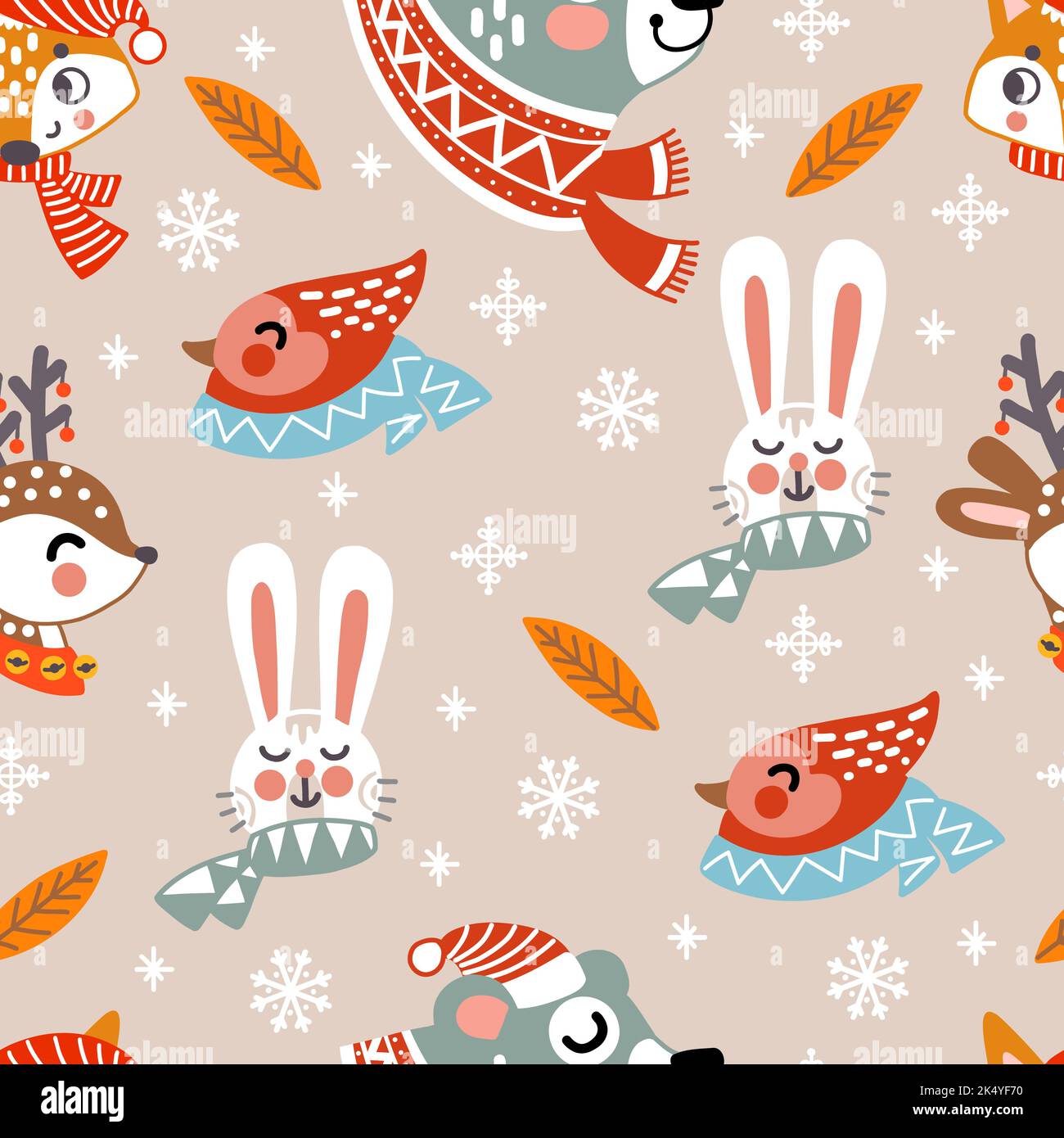 Seamless pattern christmas animals and snowflakes on beige background ...