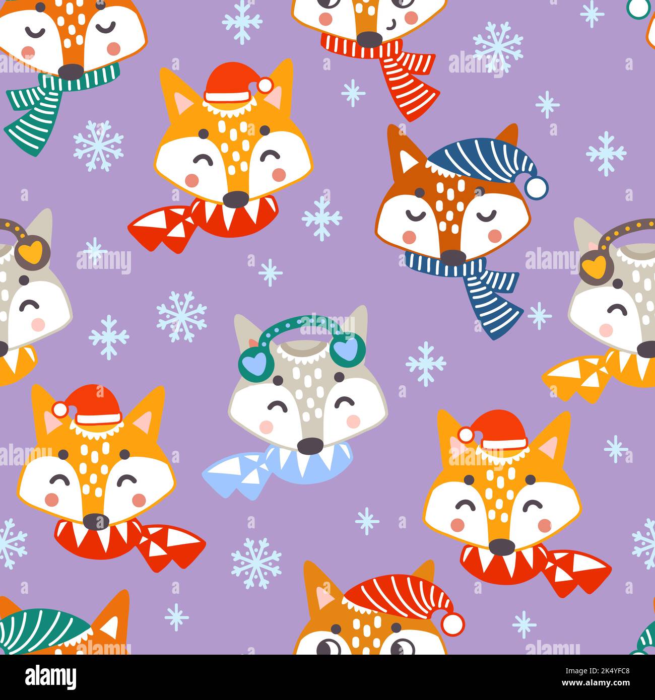 Seamless pattern christmas foxes in scarves and snowflakes on purple background vector illustration. For print and design , greeting cards, wrapping p Stock Vector