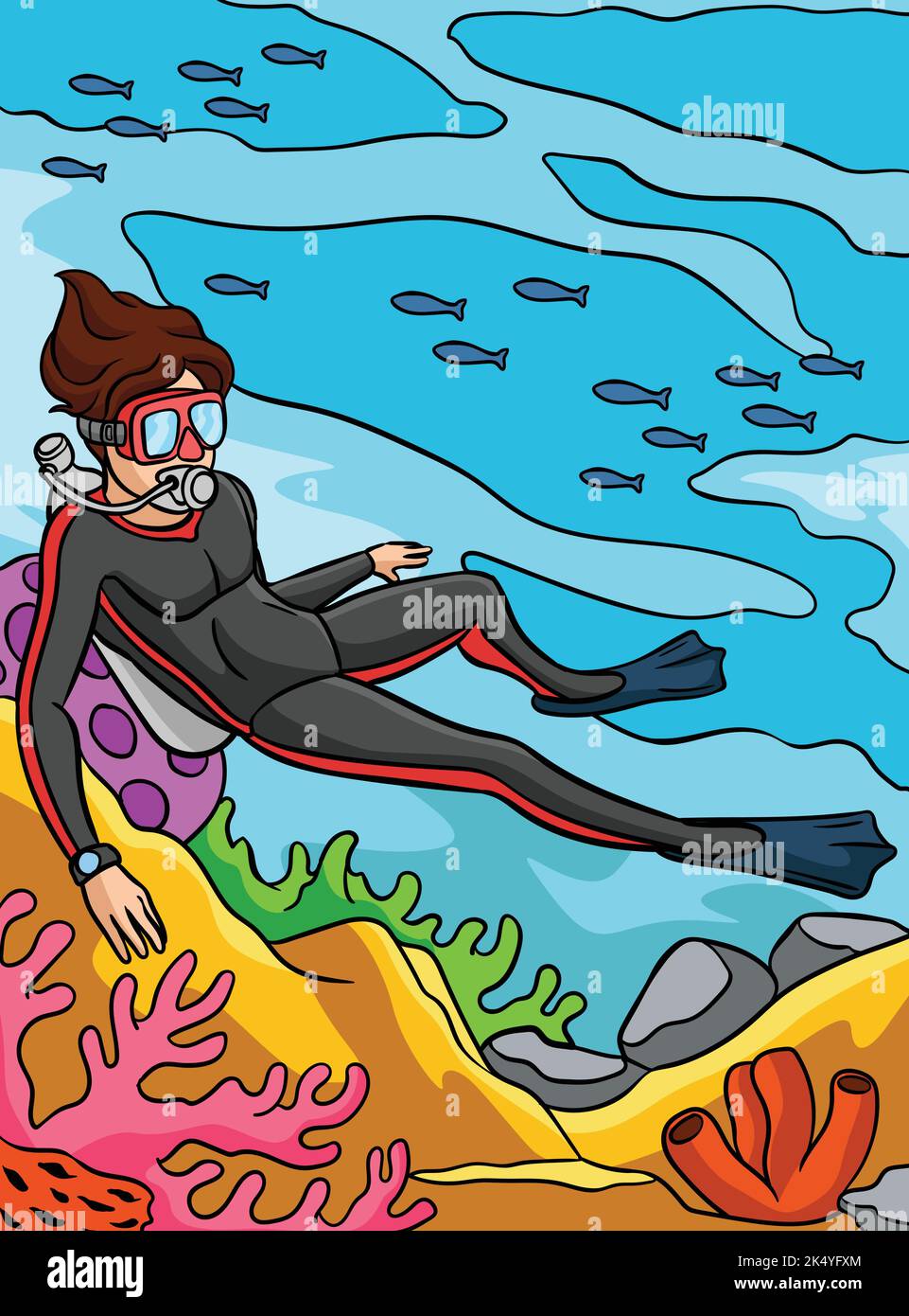 Scuba Diving Colored Cartoon Illustration Stock Vector