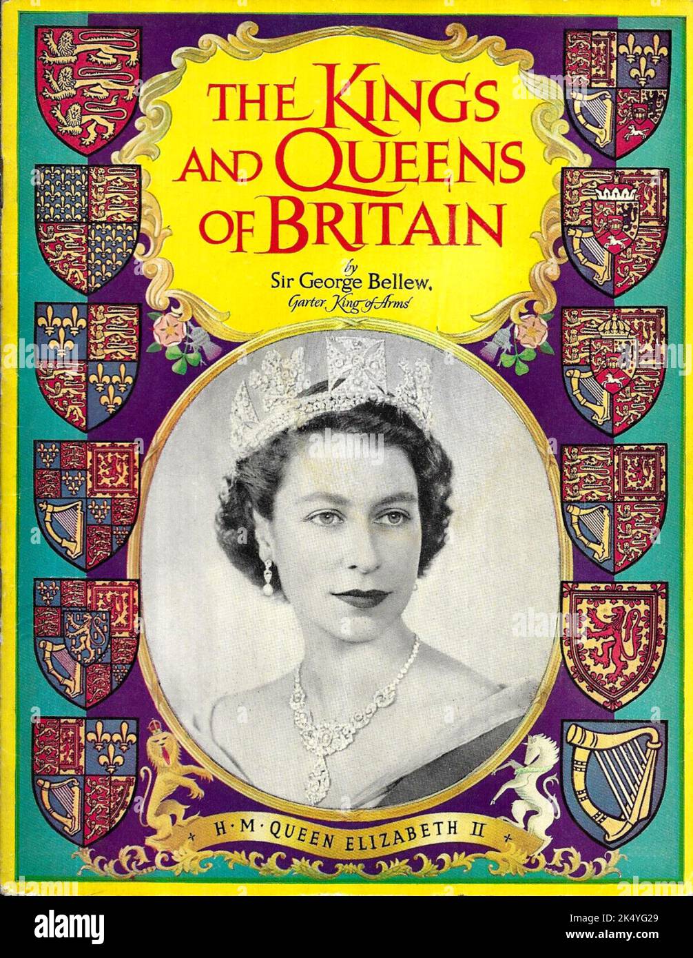 1953 , june , London , GREAT BRITAIN : The  coronation day of Queen ELIZABETH II of ENGLAND ( 1926 - 2022 ) saw the publication of many illustrative booklets with the history of all the rulers of the United Kingdom listed from the beginning : THE KINGS AND QUEENS OF BRITAIN by Sir George Bellew ( Garter King of Arms ). Unknown illustrator . - HERALDRY - ARALDICA - REGINA - RE - REALI - ROYALTY - nobili - nobiltà inglese - nobility - GRAND BRETAGNA - INGHILTERRA - WINDSOR - House of Saxe-Coburg-Gotha - CORONATION -  INCORONAZIONE  - ROYAL FAMILY - FAMIGLIA REALE - cover - book - libro - coperti Stock Photo