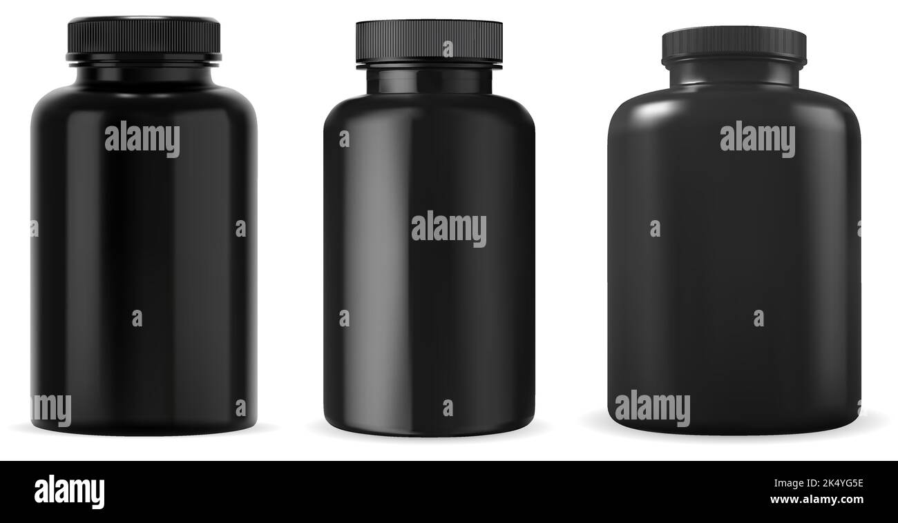 Black supplement pill bottle set. medical capsule container mockup ...