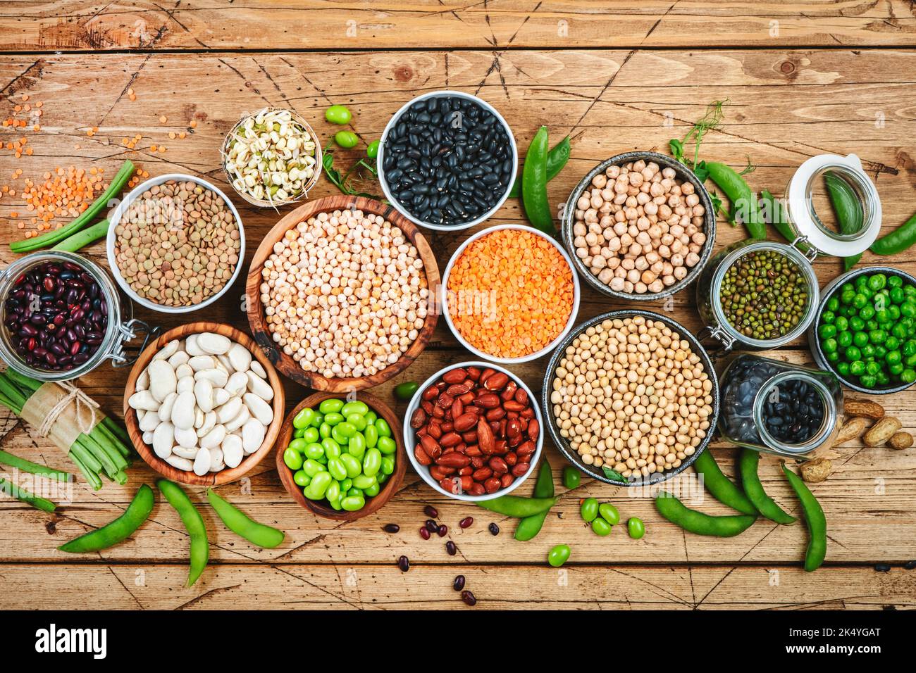 Legumes, beans and sprouts. Dried, raw and fresh, top view. Lentils