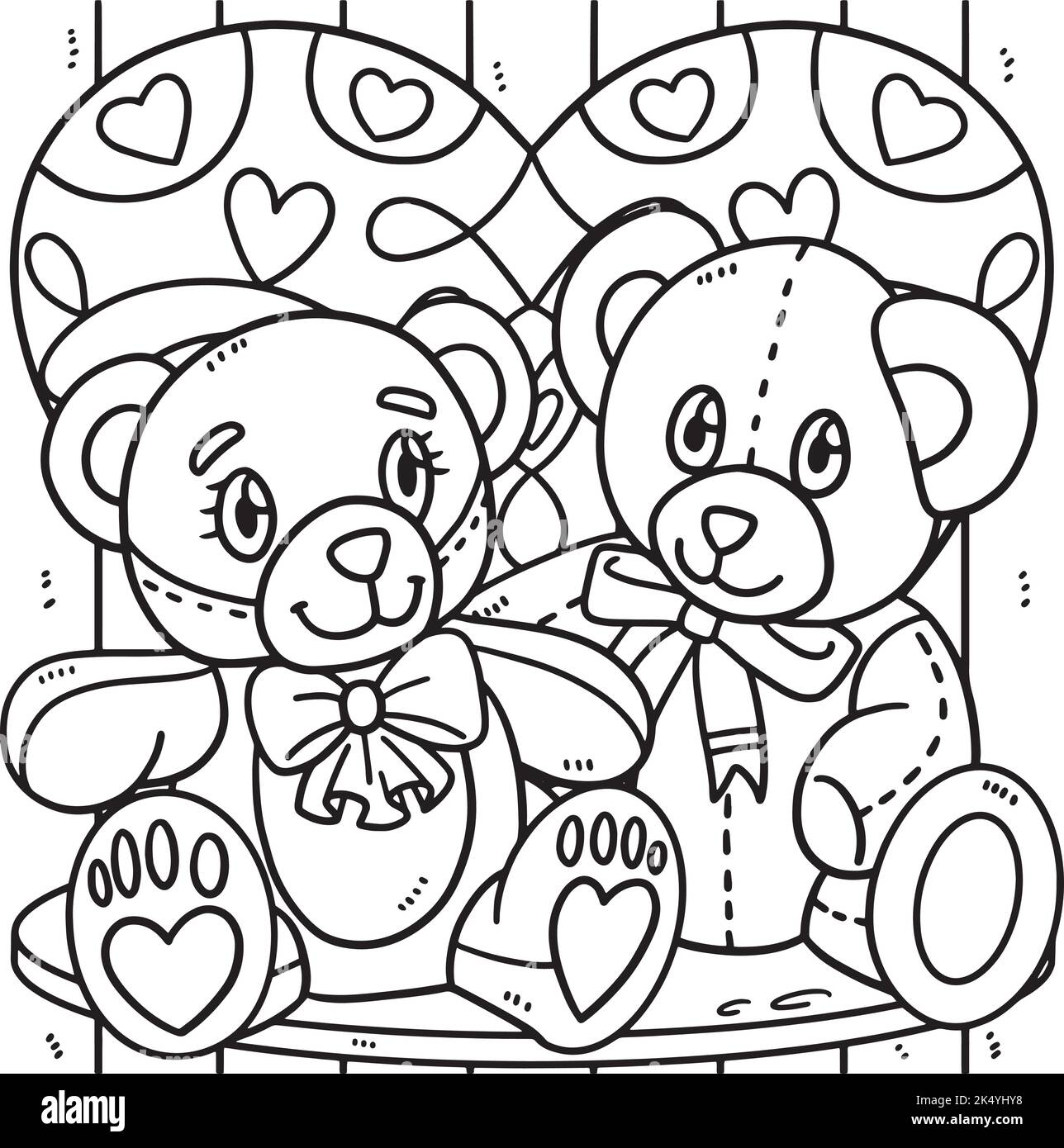 Two Little Bear in Love Valentines Day Coloring  Stock Vector