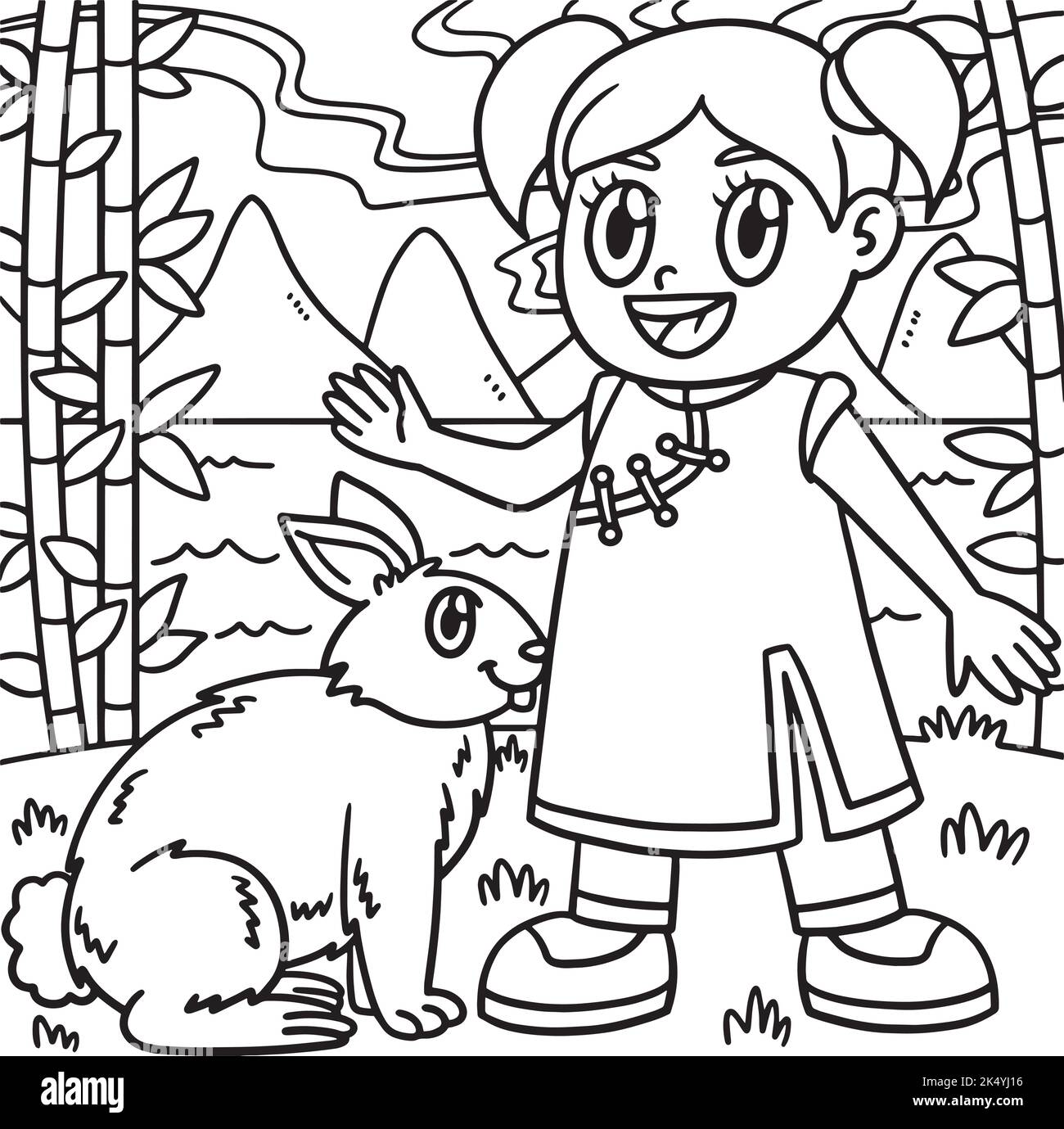 Girl with Rabbit Year Of The Rabbit Coloring Stock Vector Image & Art ...