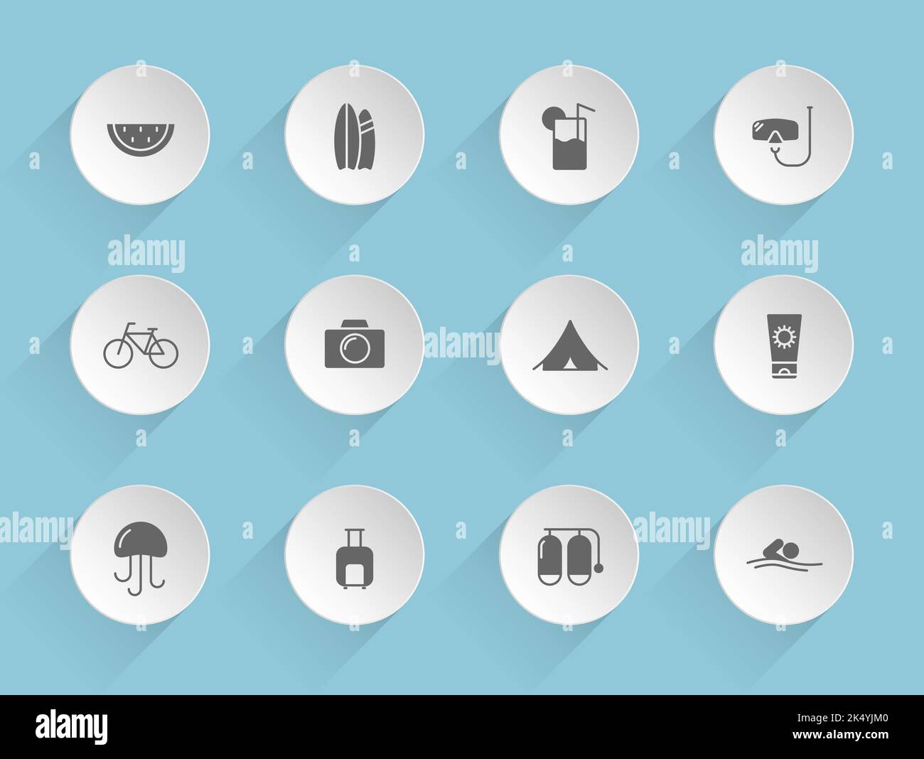 summer vector icons on round puffy paper circles Stock Vector