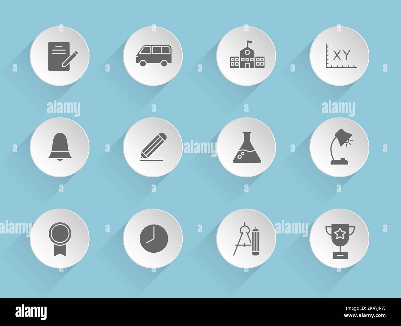 school vector icons on round puffy paper circles Stock Vector