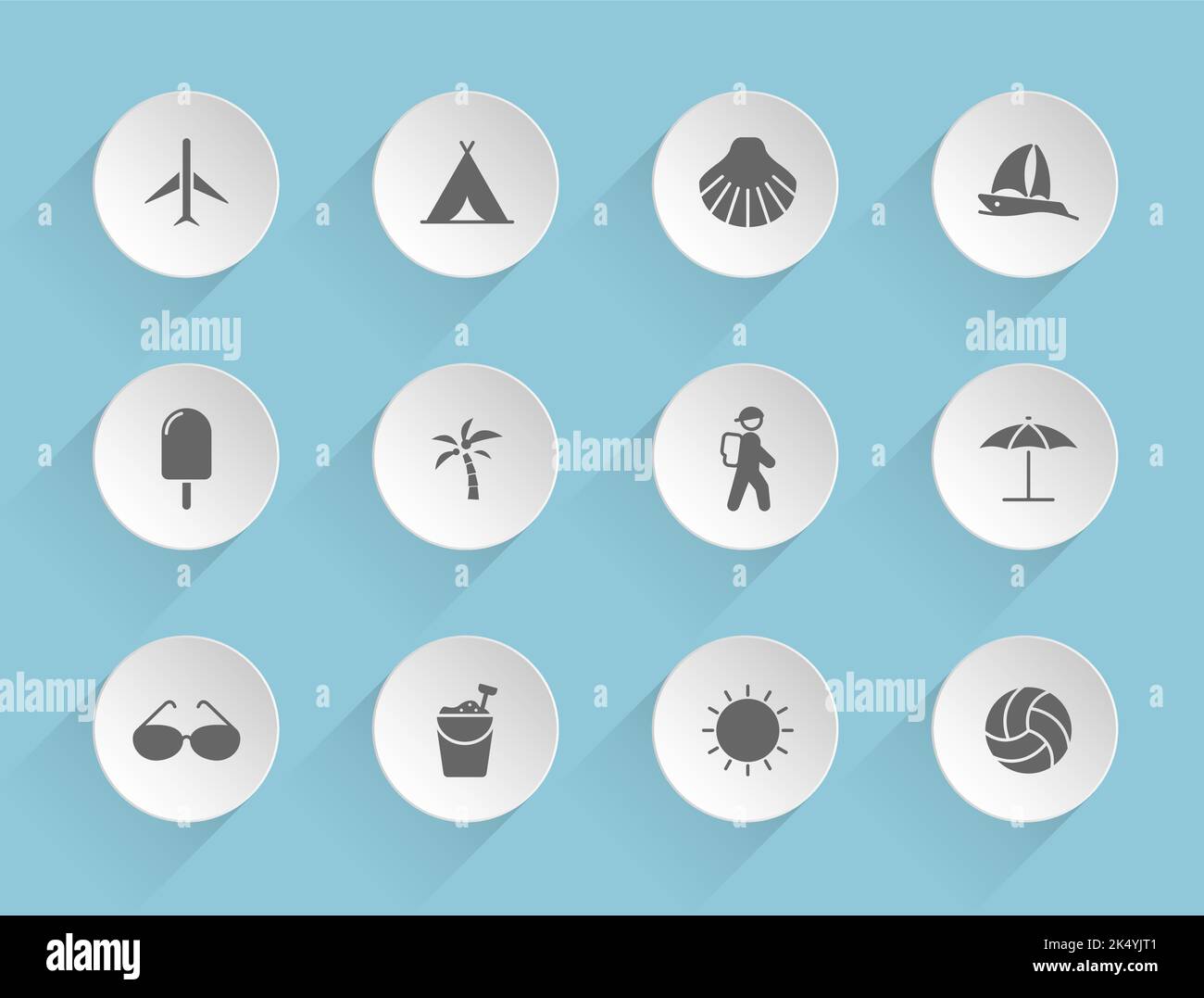 summer vector icons on round puffy paper circles Stock Vector