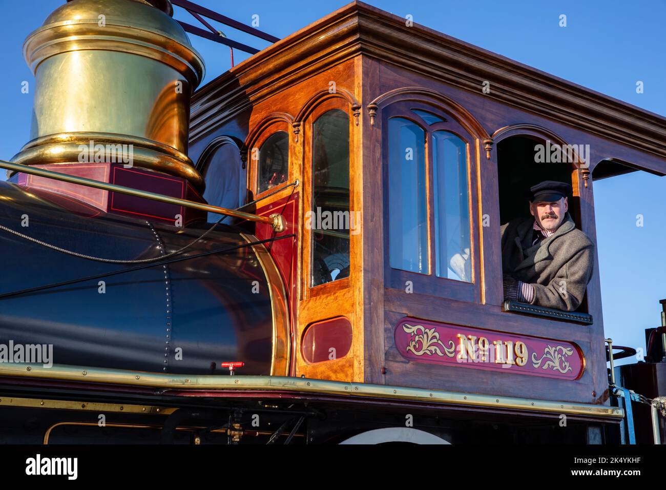 Engineer in Union Pacific steam engine 119, Golden Spike National Historic Site, Utah Stock Photo