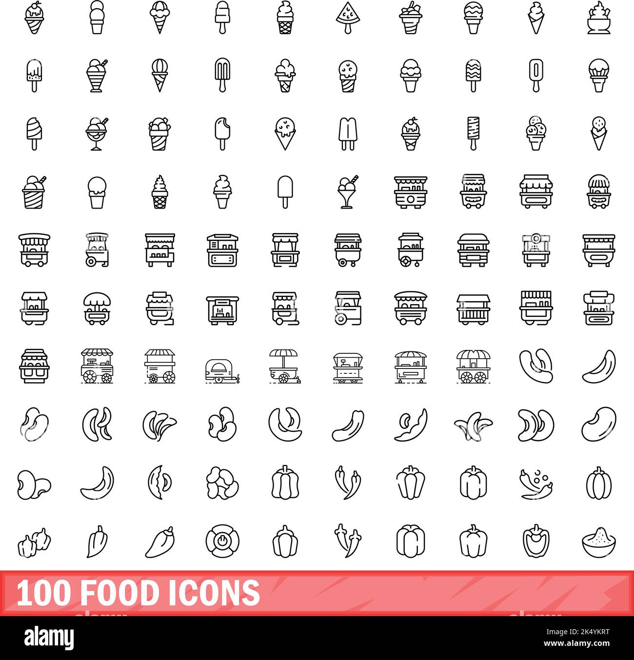 100 food icons set. Outline illustration of 100 food icons vector set ...