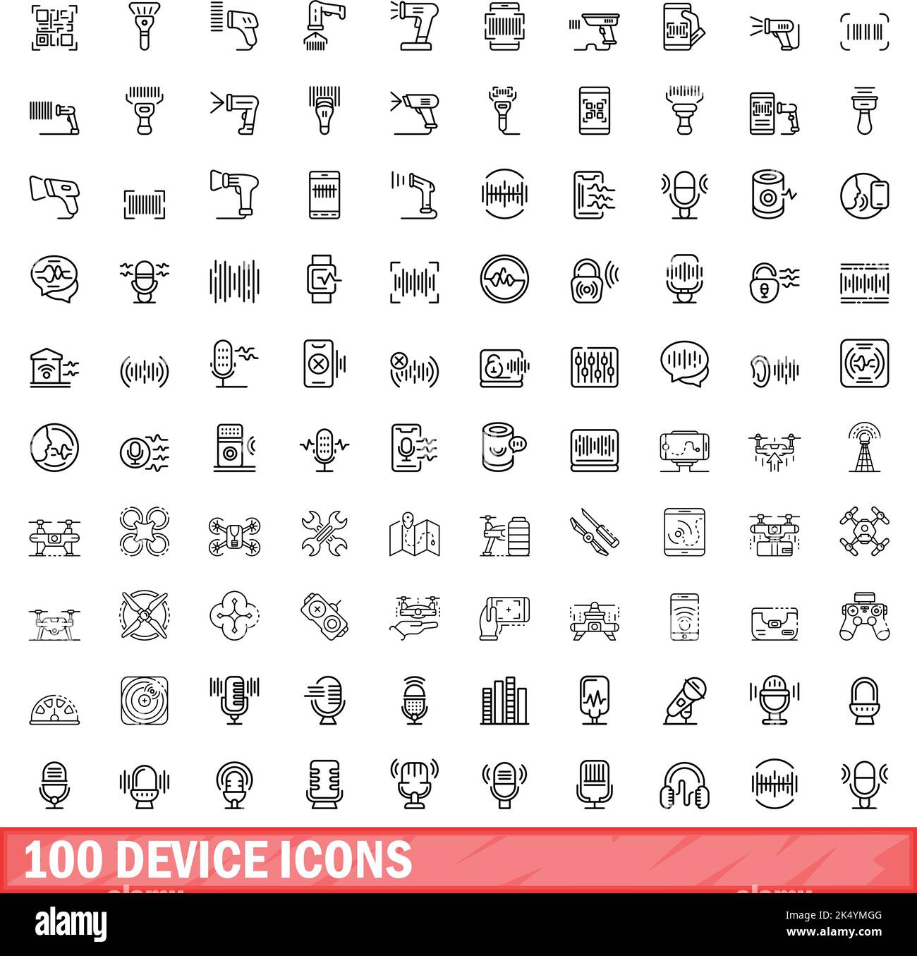 100 device icons set. Outline illustration of 100 device icons vector ...