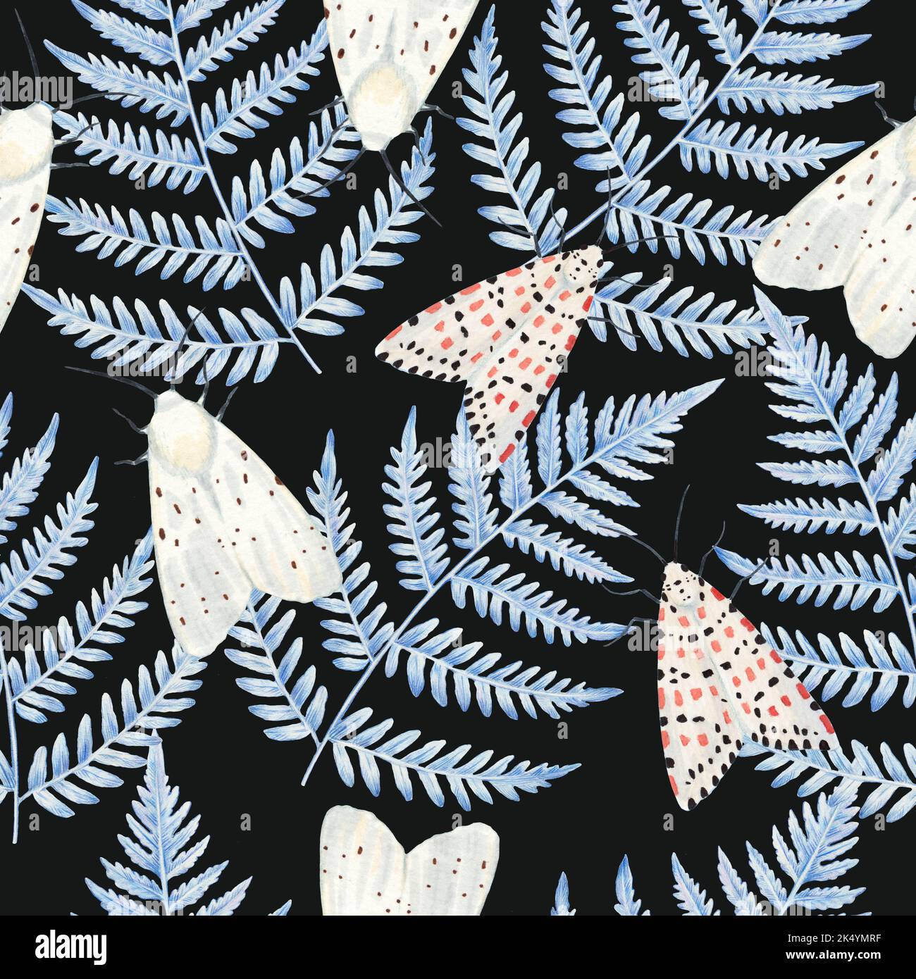 Hand drawn seamless pattern with fern leaves and white cute moths. Detailed watercolor botanical illustration. Stock Photo