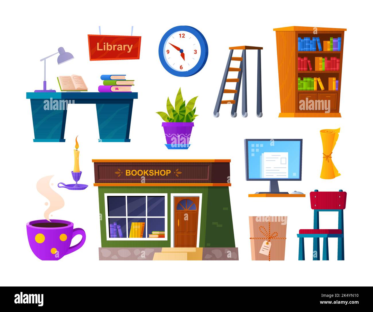 Spend time in the library - flat design style object set Stock Vector