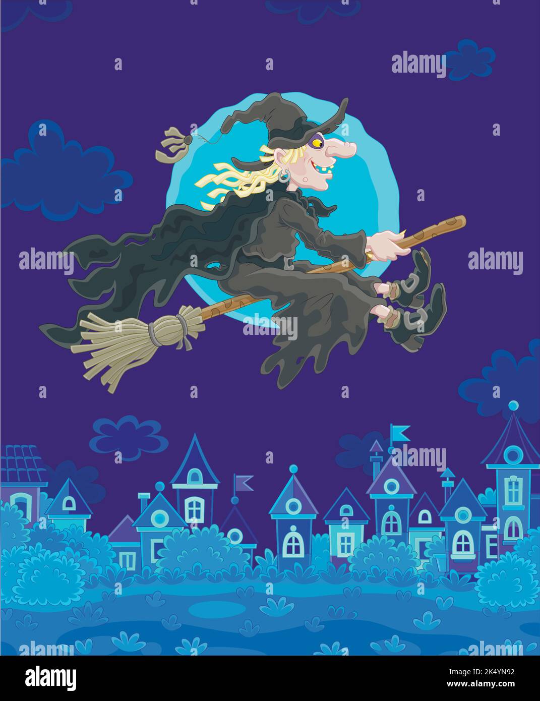 Ominous Halloween witch flying on her magic broom over a small town on ...