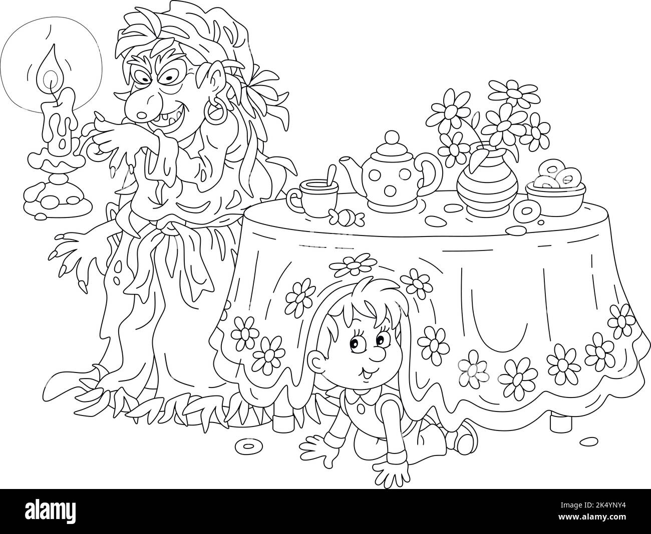 Angry witch with a burning candle and a cheerful little boy under a kitchen table with a tea set playing hide-and-seek on a dark Halloween night Stock Vector
