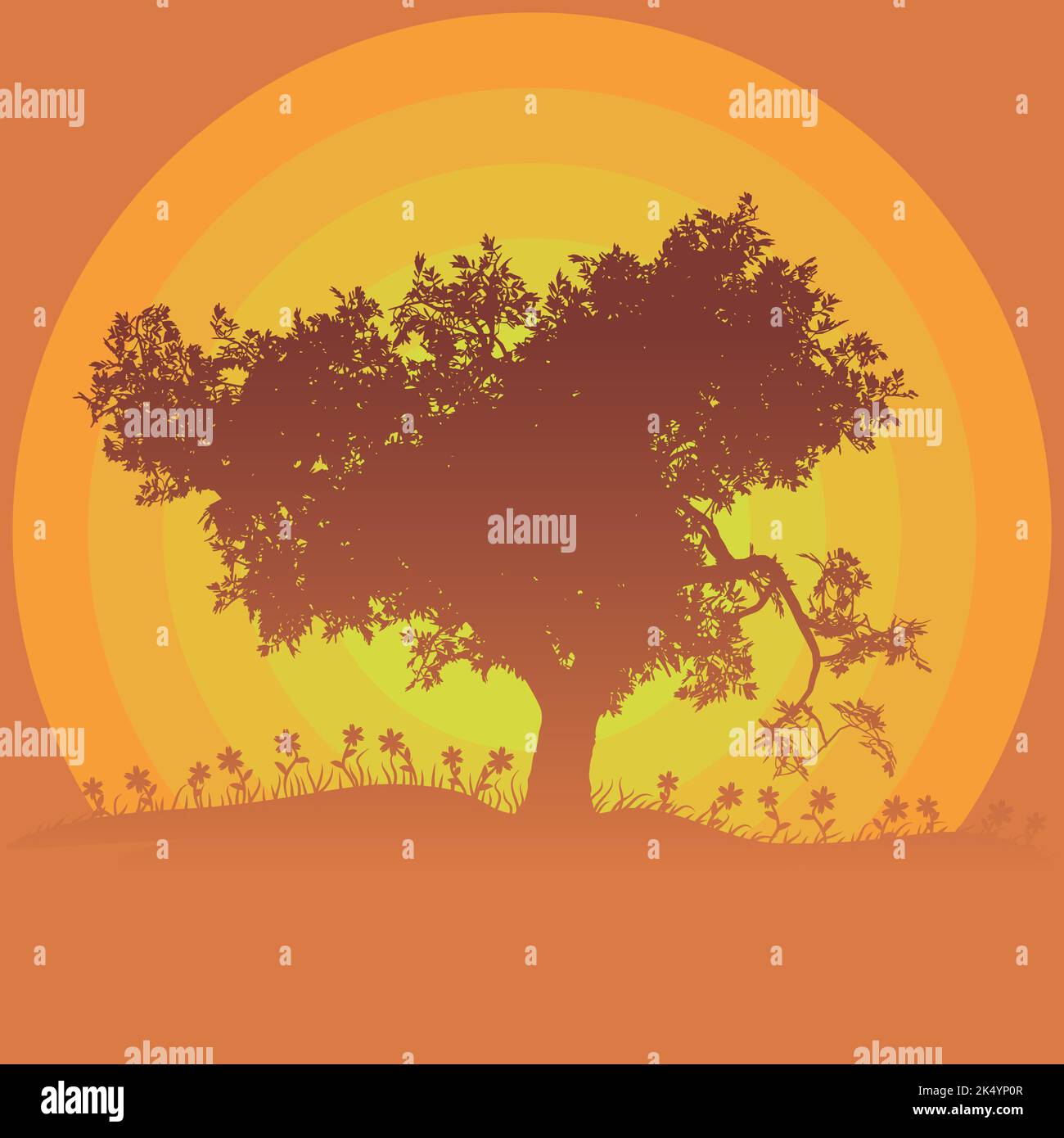 Big tree and grass silhouette at sunset time Stock Vector Image & Art ...