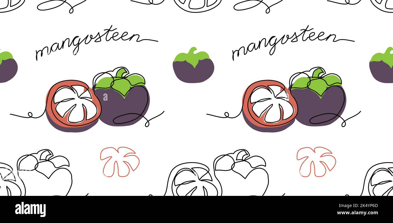 Mangosteen exotic fruit vector pattern. One continuous line art drawing pattern of mangosteen pattern Stock Vector
