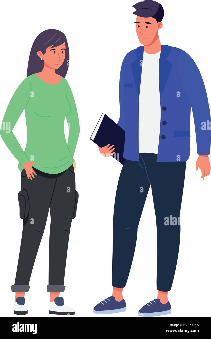 Young man and woman standing. Students talking isolated on white ...