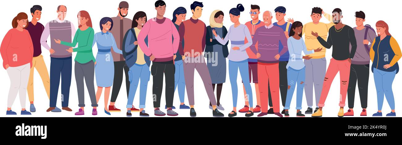 Diverse people standing. Multiethnic crowd. Young men and women isolated on white background Stock Vector
