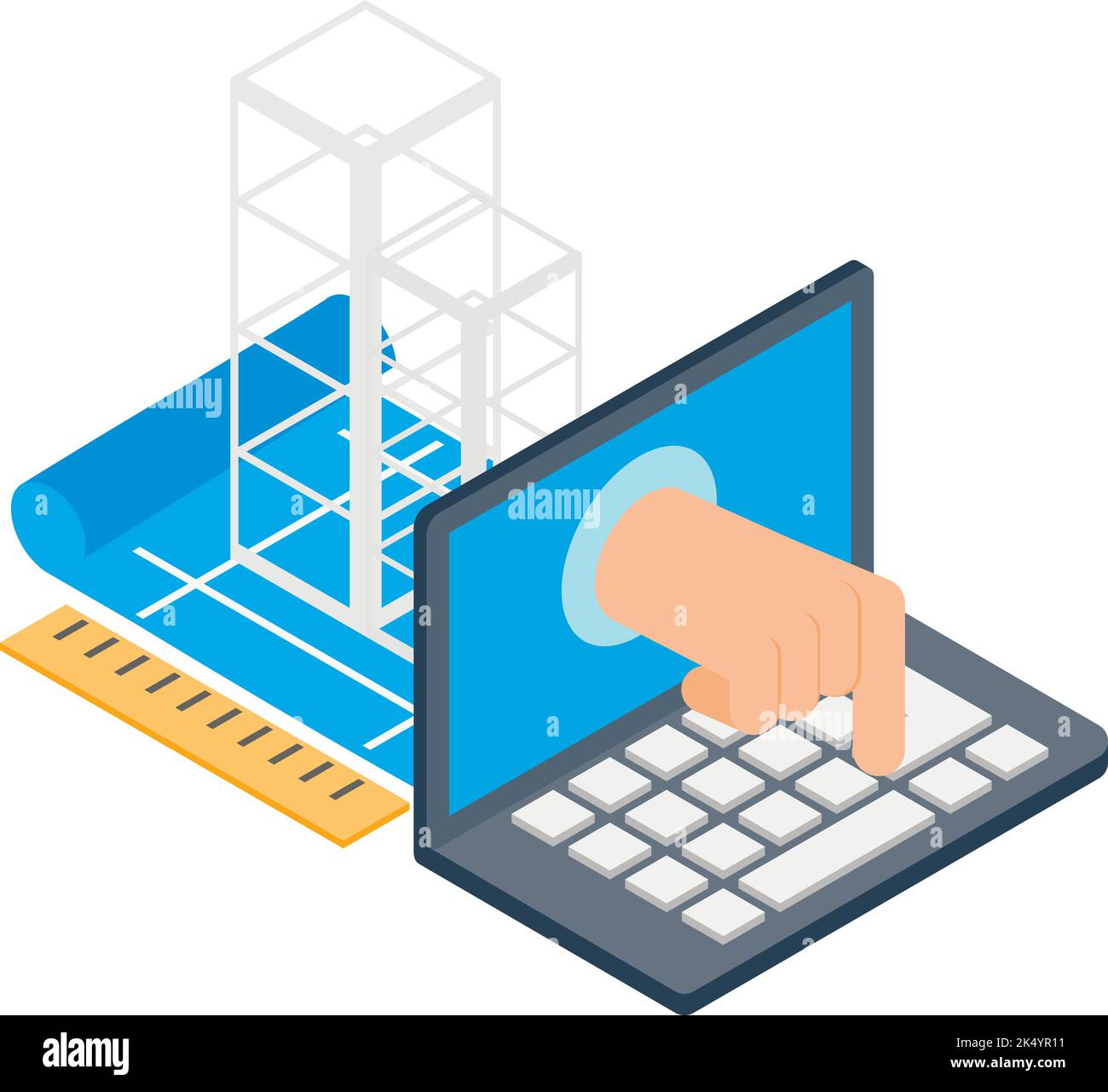 Engineering icon isometric vector. Laptop, tech documentation, building project. Building structure, construction graphic idea Stock Vector