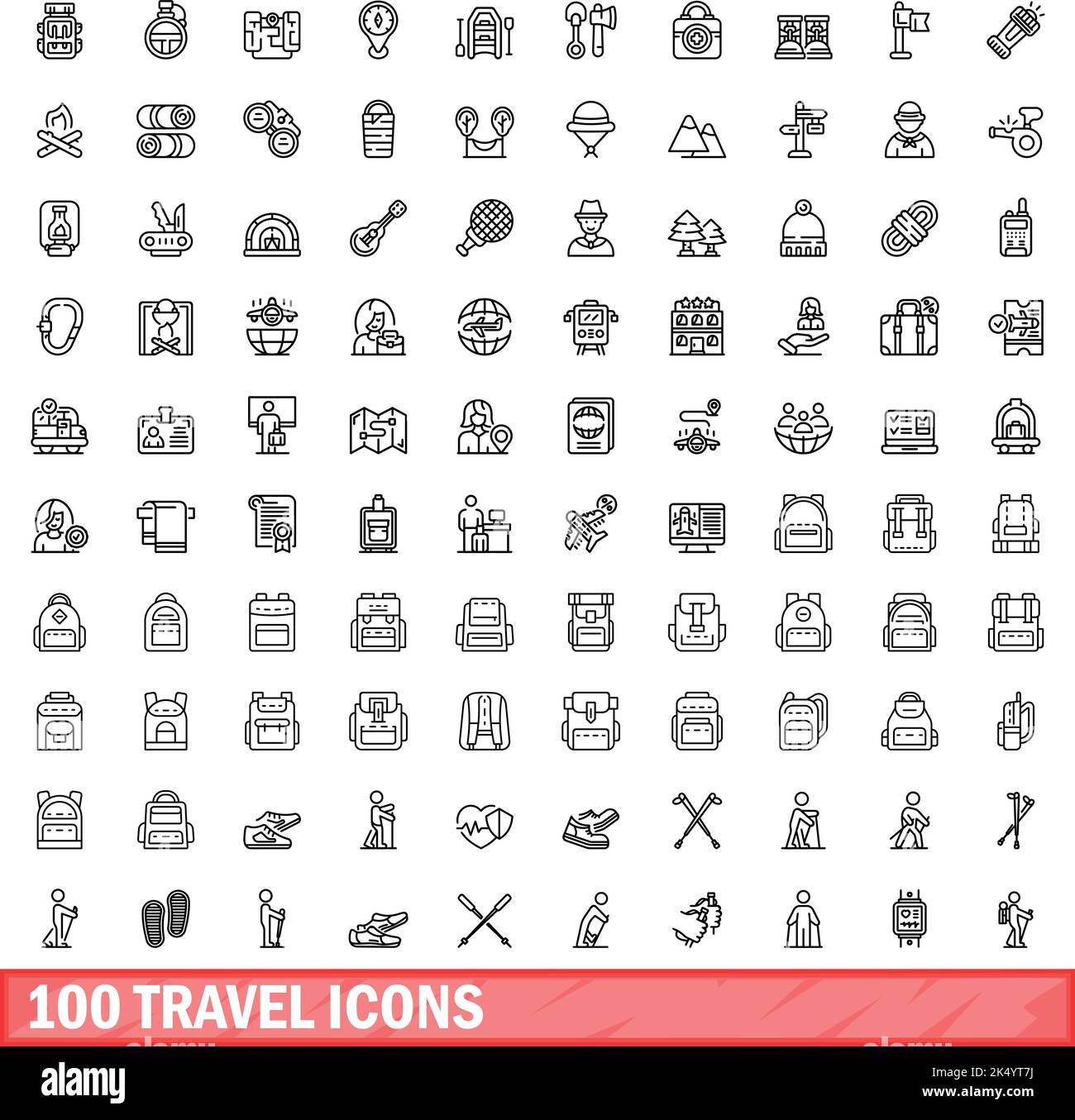 100 travel icons set. Outline illustration of 100 travel icons vector set isolated on white background Stock Vector