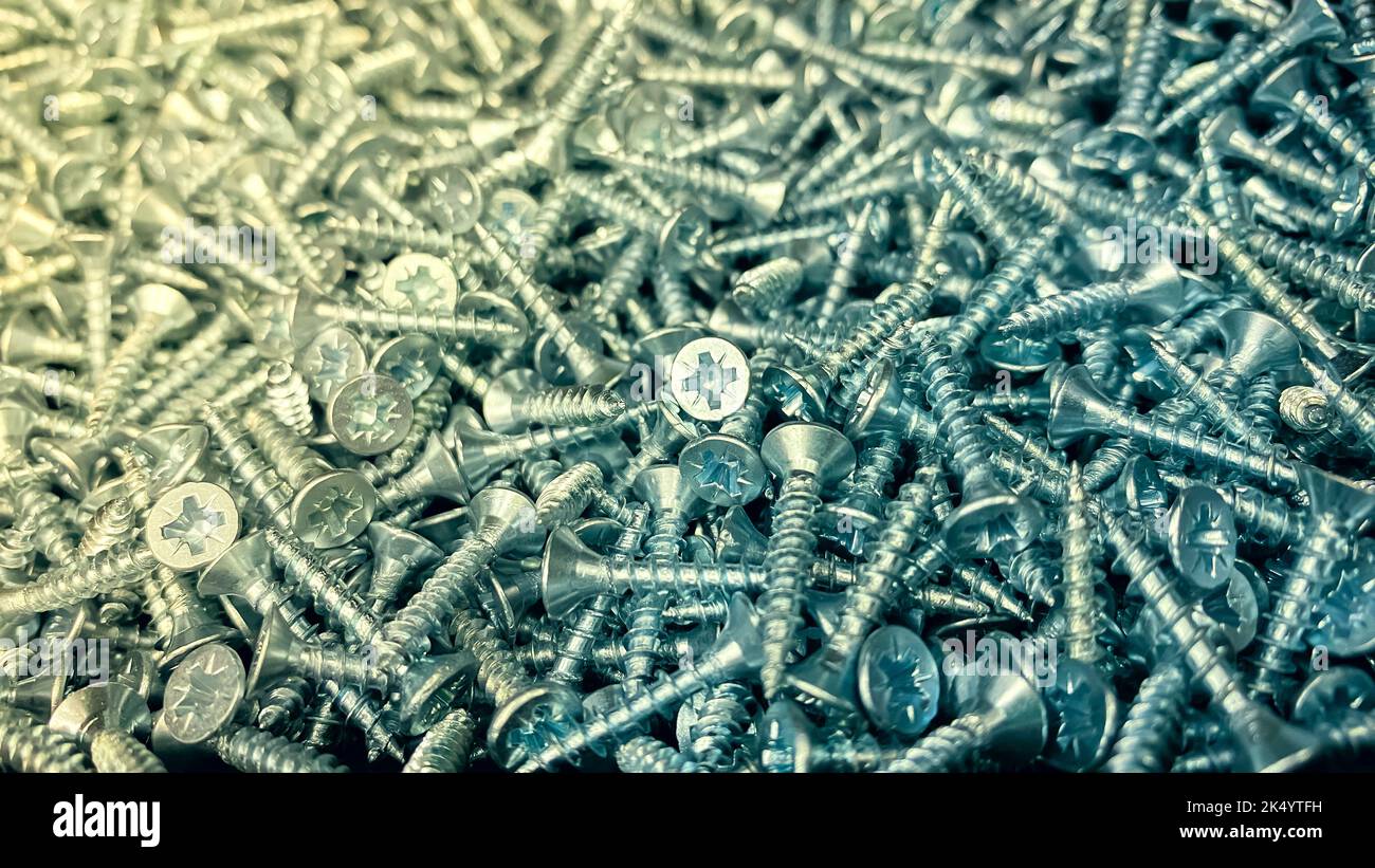 Shiny short selftapping screws closeup. Warehouse of small parts for