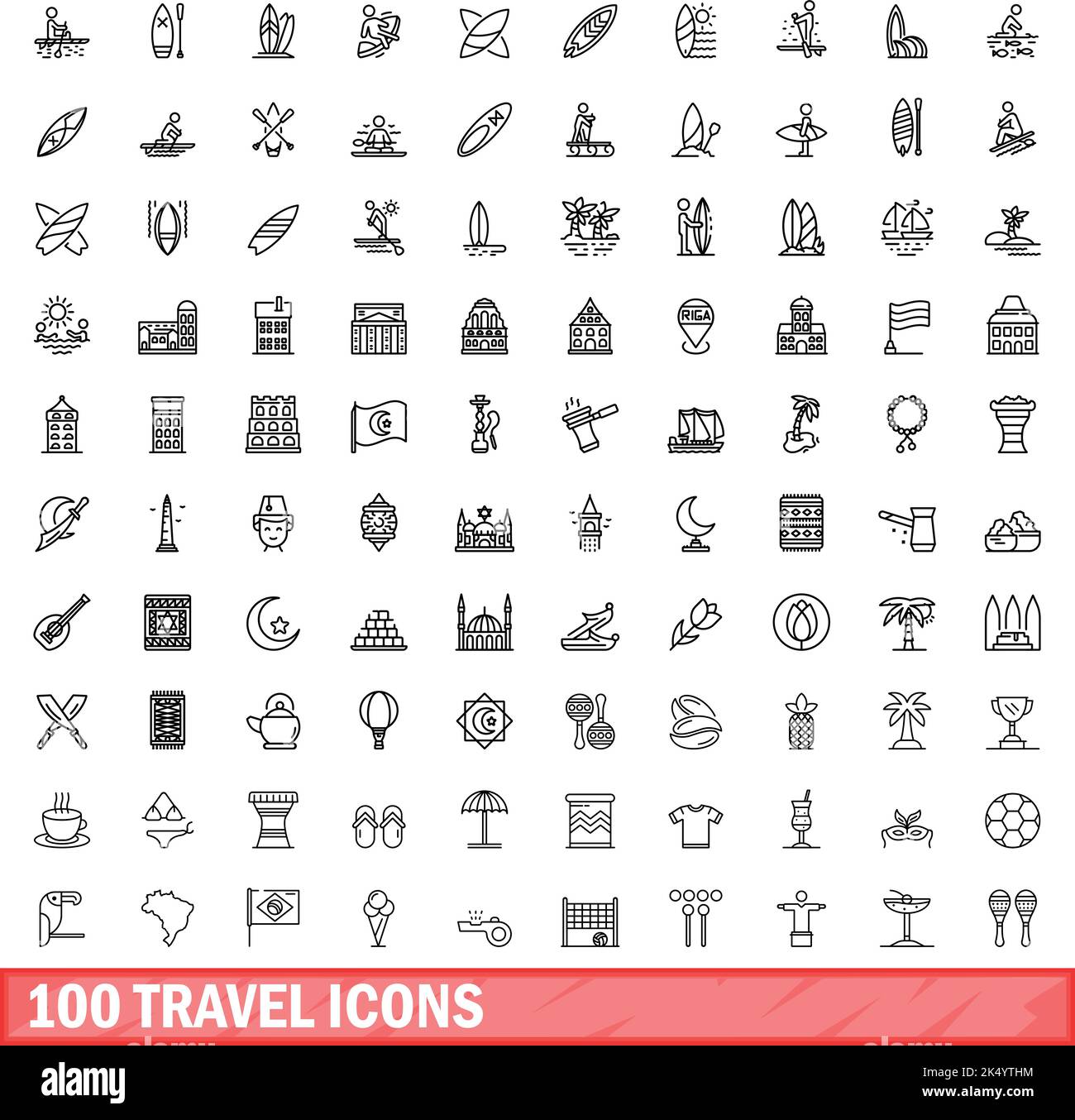 100 travel icons set. Outline illustration of 100 travel icons vector set isolated on white background Stock Vector