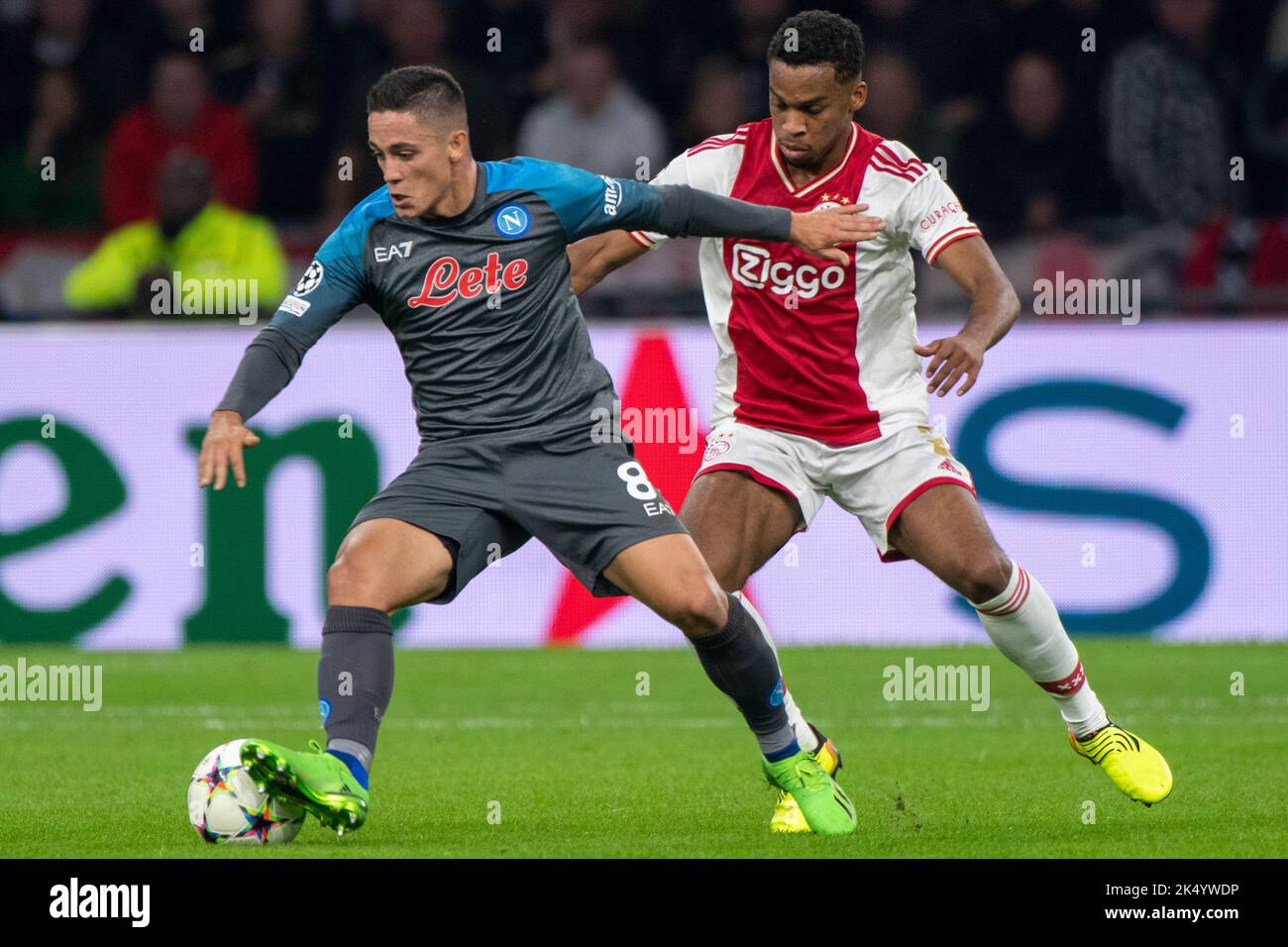 Giacomo Raspadori of Napoli and Jurrien Timber of Ajax during the UEFA
