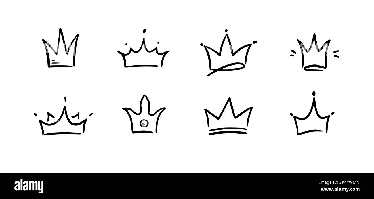 Doodle crown hand drawn set. Doodle princess crown, queen tiara. Line sketch royal element. Queen, king hand drawn simple design element. Isolated vector illustration. Stock Vector