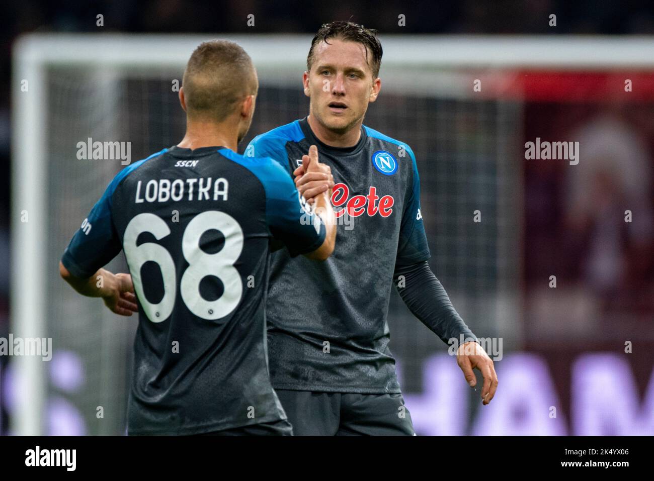 Piotr Zielinski of Napoli celebrates scoring with Stanislav Lobotka of