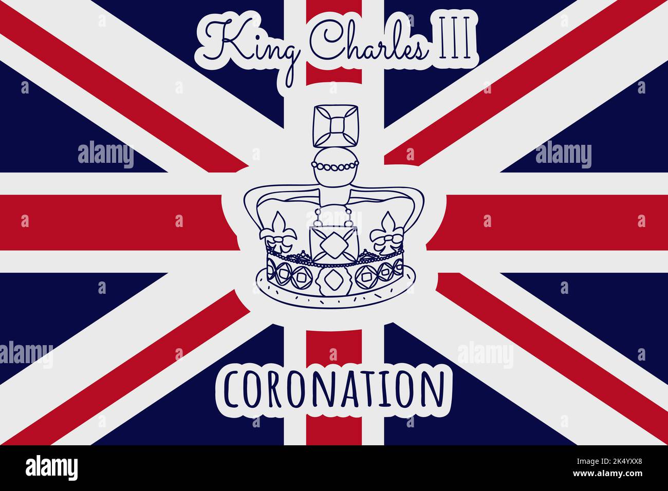 King Charles III Coronation text. Edwards crown. British flag background. Vector illustration Stock Vector