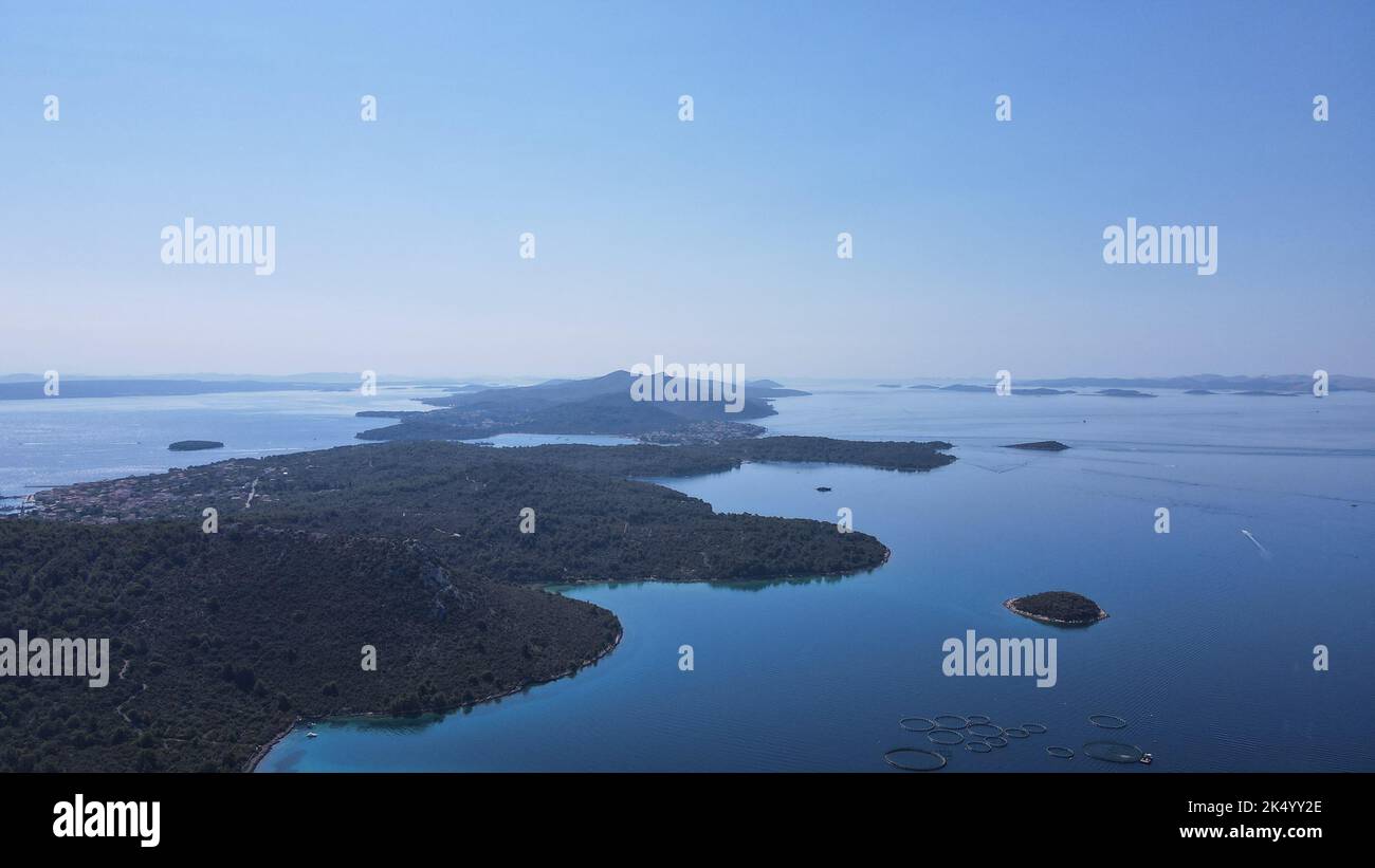An aerial view of sea with island surrounded by dense growing trees ...