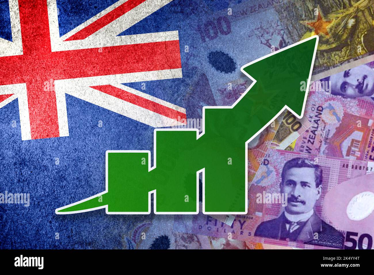 Economy graph: rising arrow, New Zealand flag and cash New Zealand dollar bills Stock Photo