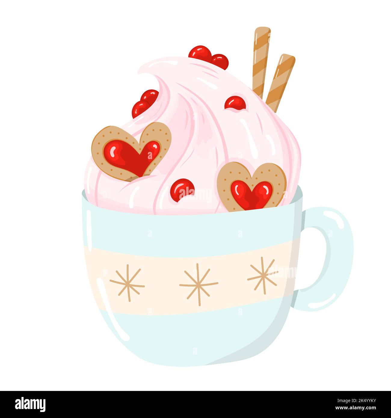 Christmas Hot chocolate or coffee with whipped cream and waffle rolls. Vector illustrations in cartoon style. Tasty warm drink Stock Vector