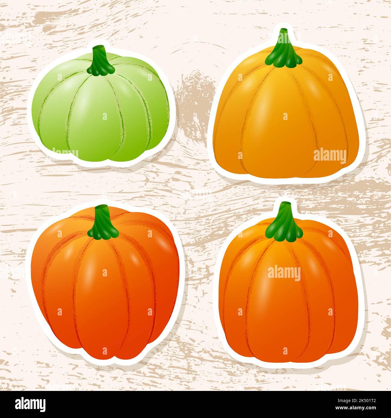 Cute stickers with orange pumpkins. Sticker with vegetables on a grunge background. Vector illustration. Stock Vector