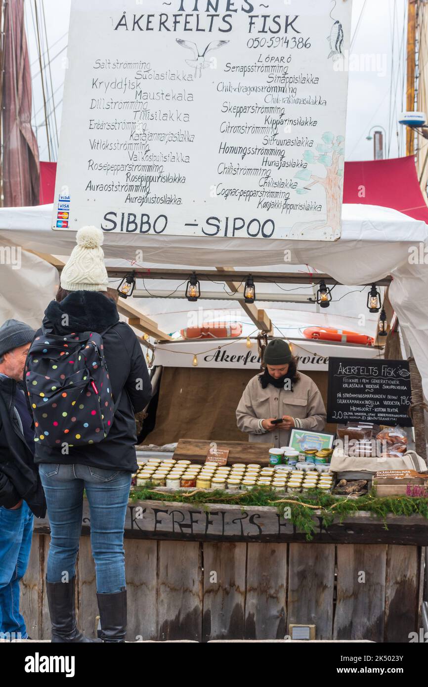 Traditional Helsinki Baltic Herring Market (Silakkamarkkinat) at Market square in Helsinki Finland Stock Photo