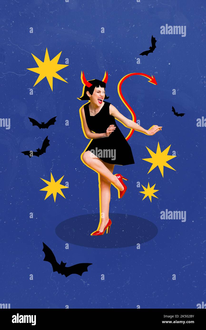 Creative drawing collage picture of energetic cool funky young woman demon devil horns tail dress heels dancing halloween party have fun Stock Photo