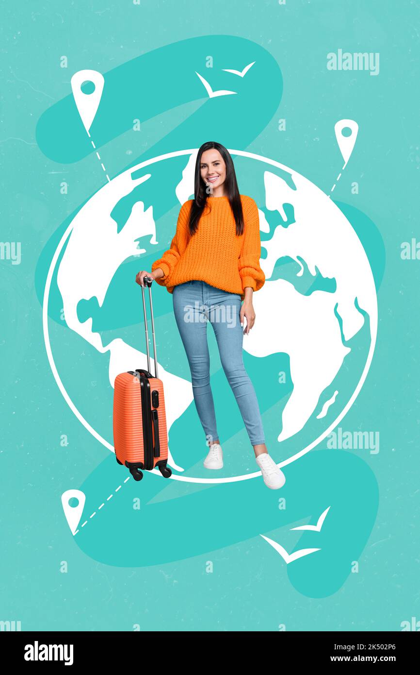 Advert collage poster of lady with suitcase standing over earth image painted background Stock