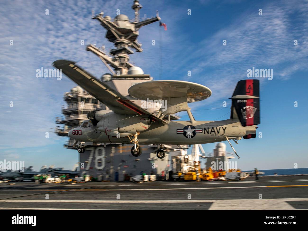 ATLANTIC OCEAN (Nov. 14, 2020) An E-2C Hawkeye attached to the 'Bear Aces' of Airborne Command and Control Squadron (VAW) 124 prepares to land aboard the aircraft carrier USS Gerald R. Ford (CVN 78), Nov. 14, 2020. Gerald R. Ford is underway in the Atlantic Ocean conducting first-ever integrated carrier strike group operations with Carrier Air Wing 8, Destroyer Squadron 2 and their air and missile defense commander, commanding officer of the aircraft carrier USS Gettysburg (CG 64). (U.S. Navy photo by Mass Communication Specialist 2nd Class Kallysta Castillo) Stock Photo