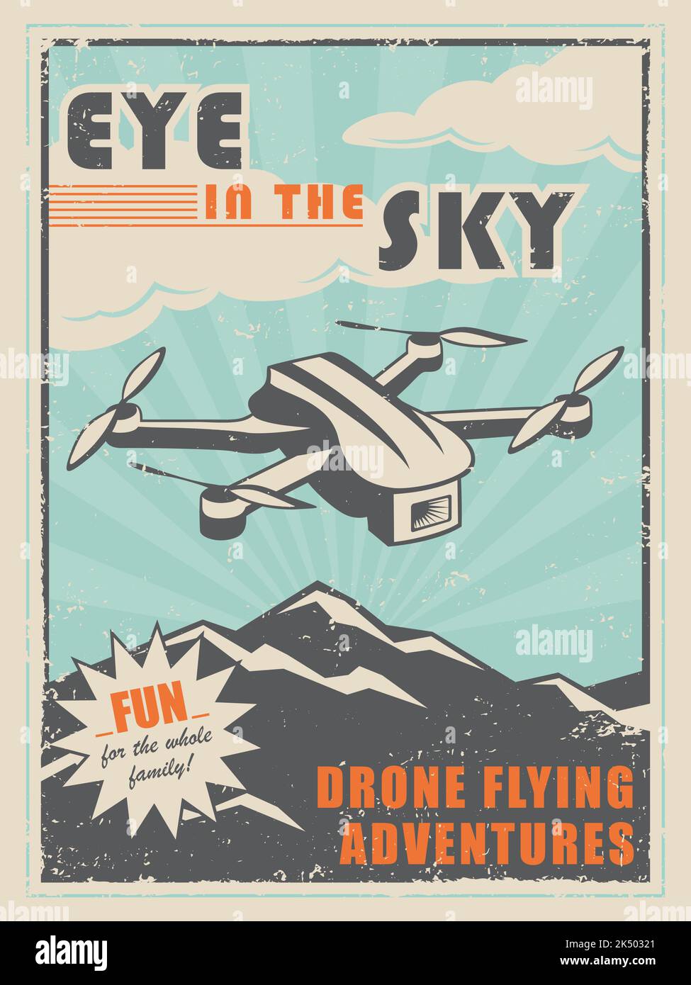 A vintage style poster advertisement for an electronic drone Stock Vector
